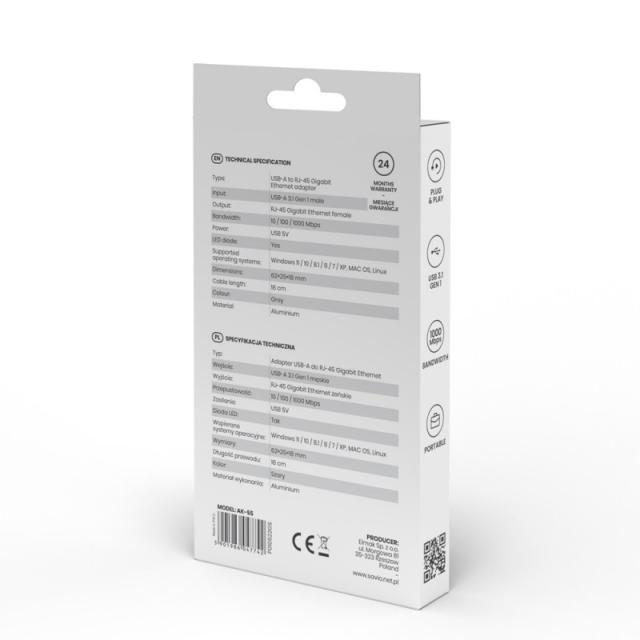 Savio - AK-55 Adapter USB-A 3.1 GEN 1 do RJ-45 Gigabit Ethernet USB 3.2 Gen 1 (3.1 Gen 1) Type-A 1000 Mbit/s Negro