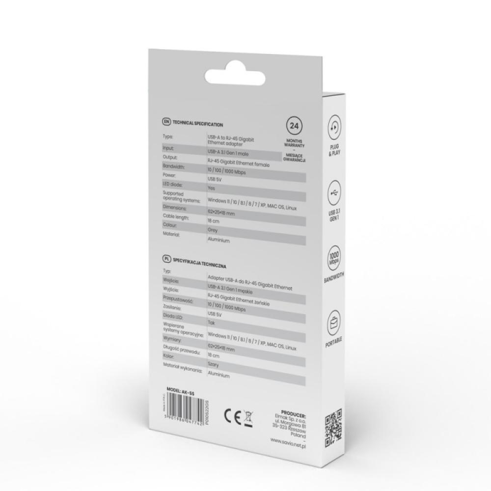 Savio - AK-55 Adapter USB-A 3.1 GEN 1 do RJ-45 Gigabit Ethernet USB 3.2 Gen 1 (3.1 Gen 1) Type-A 1000 Mbit/s Negro