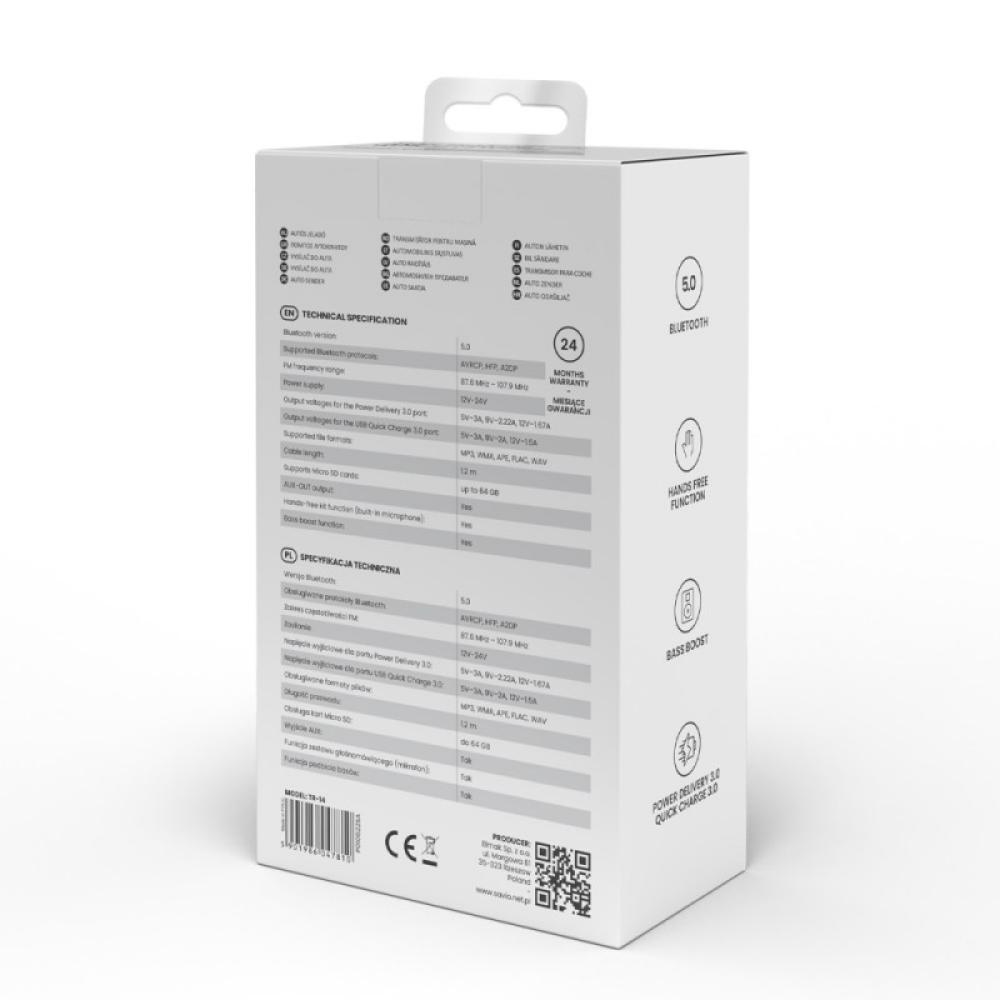 Savio - TR-14 Transmiter FM z Bluetooth i ladowarka PD 87,6 - 107,9 MHz Bluetooth/USB Negro