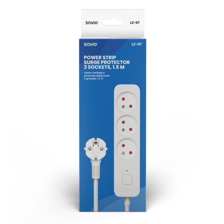 Savio - Surge Protective 3-socket power strip 1.5m white LZ-07 3 salidas AC Tipo F 1,5 m Blanco