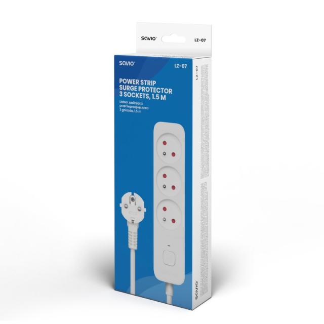 Savio - Surge Protective 3-socket power strip 1.5m white LZ-07 3 salidas AC Tipo F 1,5 m Blanco