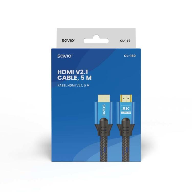 Savio - HDMI (M) v2.1 cable 5m 8K copper blue-black golden tips CL-169 cable HDMI HDMI tipo A (Estándar) Negro, Azul