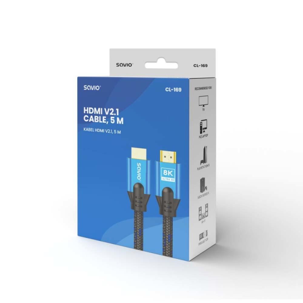Savio - HDMI (M) v2.1 cable 5m 8K copper blue-black golden tips CL-169 cable HDMI HDMI tipo A (Estándar) Negro, Azul