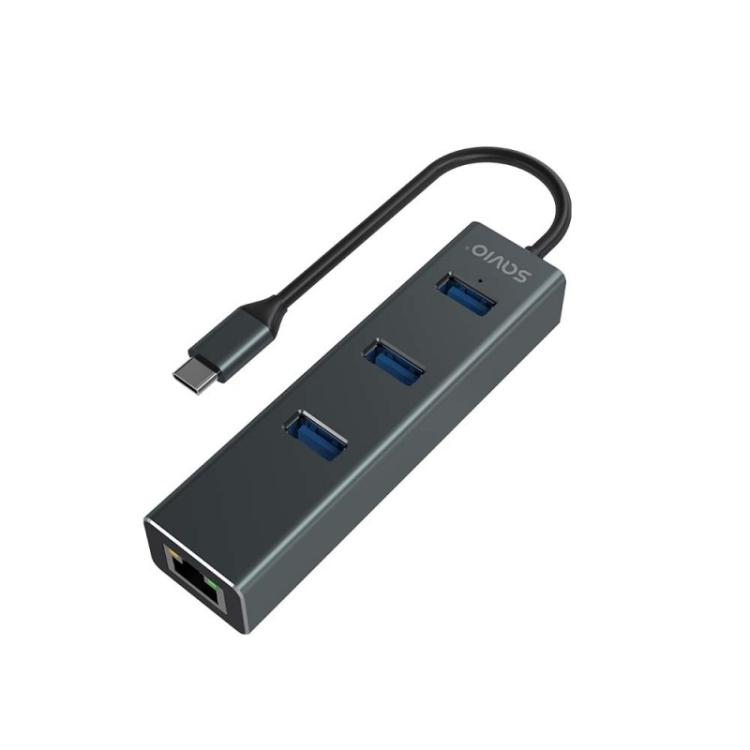 Savio - AK-57 USB-C - 3 x USB-A HUB with RJ-45 Gigabit Ethernet adapter 5000 Mbit/s grey 2 x USB 3.2 Gen 2 (3.1 Gen 2) Type-C 10