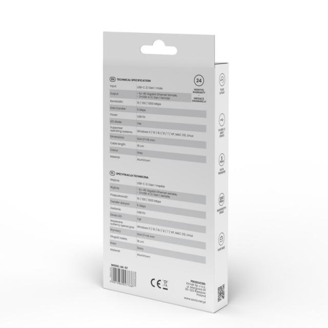 Savio - AK-57 USB-C - 3 x USB-A HUB with RJ-45 Gigabit Ethernet adapter 5000 Mbit/s grey 2 x USB 3.2 Gen 2 (3.1 Gen 2) Type-C 10