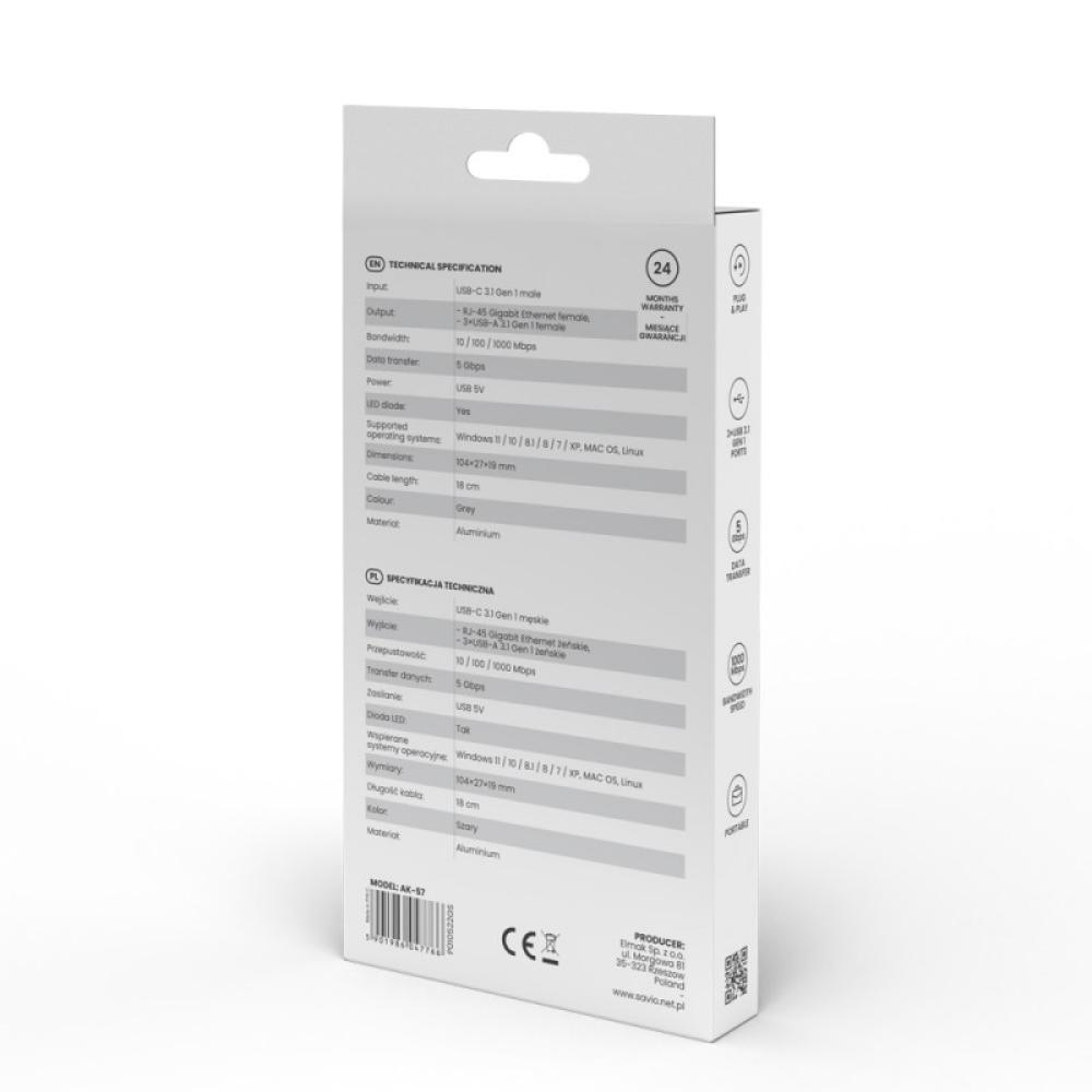 Savio - AK-57 USB-C - 3 x USB-A HUB with RJ-45 Gigabit Ethernet adapter 5000 Mbit/s grey 2 x USB 3.2 Gen 2 (3.1 Gen 2) Type-C 10