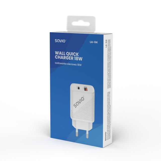 Savio - LA-04 USB Type A & Type C Quick Charge Power Delivery 3.0 Indoor Smartphone, Tableta Blanco Carga rápida Interior