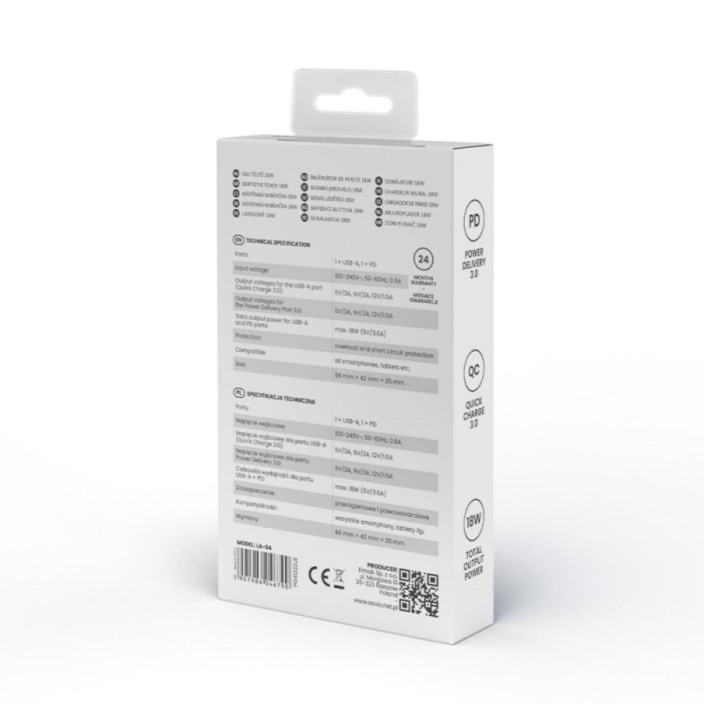 Savio - LA-04 USB Type A & Type C Quick Charge Power Delivery 3.0 Indoor Smartphone, Tableta Blanco Carga rápida Interior