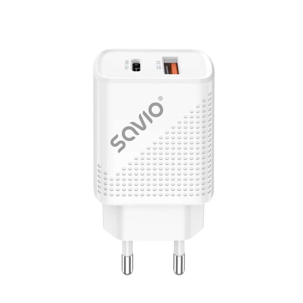 Savio - LA-04 USB Type A & Type C Quick Charge Power Delivery 3.0 Indoor Smartphone, Tableta Blanco Carga rápida Interior