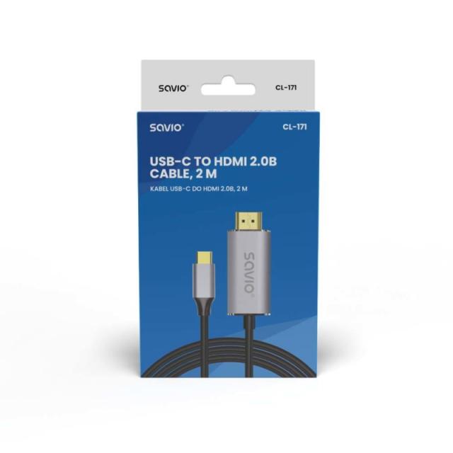 Savio - USB-C to HDMI 2.0B cable 2m silver / black gold tips CL-171 cable HDMI USB C HDMI tipo A (Estándar) Negro