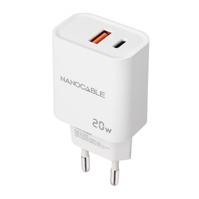 Nanocable - Cargador USB-C/PD + USB-A/QC 20W, Blanco