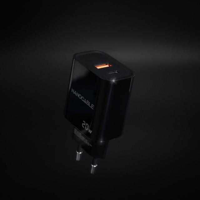 Nanocable - Cargador USB-C/PD + USB-A/QC 20W, Negro