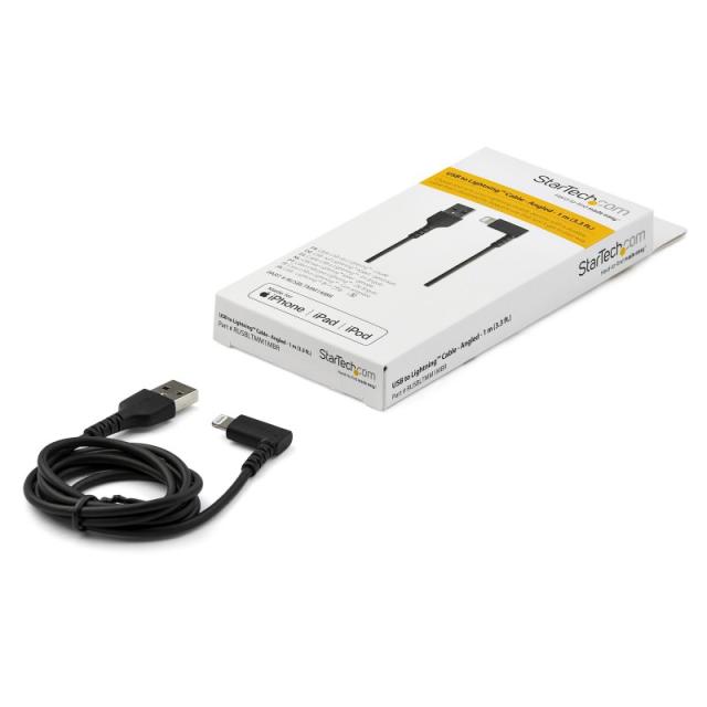 StarTech.com - Cable Resistente USB-A a Lightning de 1 m - Negro -Acodado en un Ángulo de 90° a la Derecha - Cable de Carga y Si