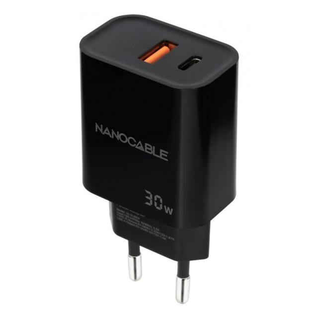 Nanocable - Cargador USB-C/PD + USB-A/QC 30W, Negro