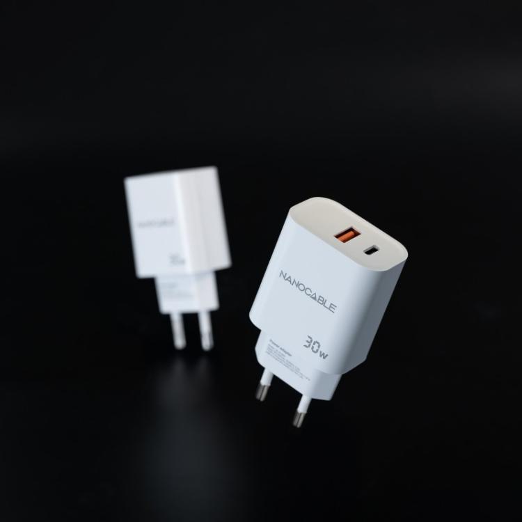 Nanocable - Cargador USB-C/PD + USB-A/QC 30W, Blanco
