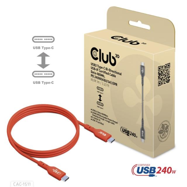 CLUB3D - Cable certificado USB2 tipo C bidireccional USB-IF Datos 480 Mb, PD 240 W (48 V/5 A) EPR M/M 1 m/3,23 pies