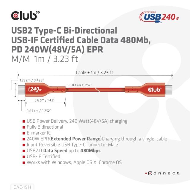 CLUB3D - Cable certificado USB2 tipo C bidireccional USB-IF Datos 480 Mb, PD 240 W (48 V/5 A) EPR M/M 1 m/3,23 pies