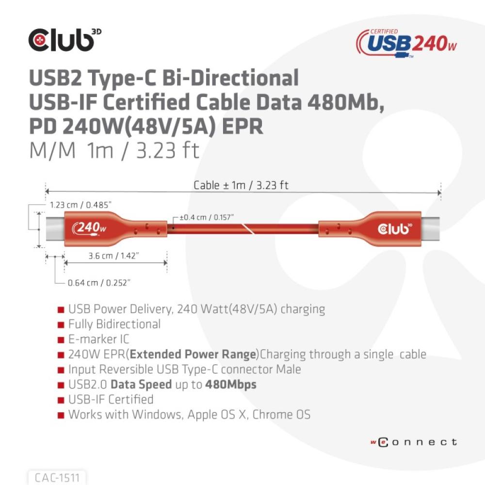 CLUB3D - Cable certificado USB2 tipo C bidireccional USB-IF Datos 480 Mb, PD 240 W (48 V/5 A) EPR M/M 1 m/3,23 pies