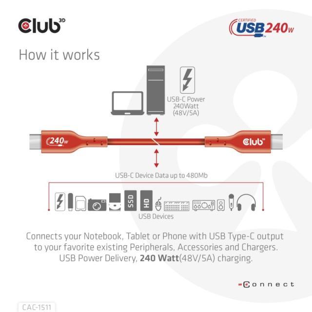 CLUB3D - Cable certificado USB2 tipo C bidireccional USB-IF Datos 480 Mb, PD 240 W (48 V/5 A) EPR M/M 1 m/3,23 pies