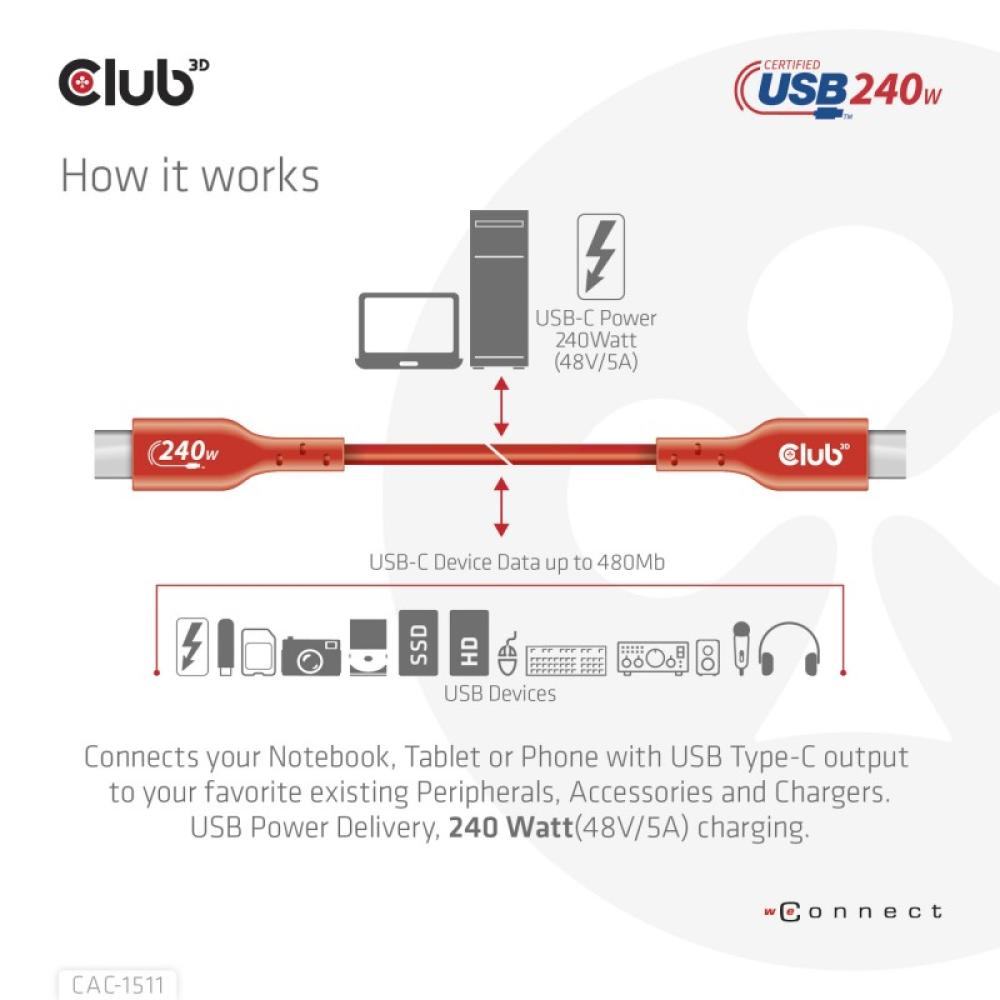 CLUB3D - Cable certificado USB2 tipo C bidireccional USB-IF Datos 480 Mb, PD 240 W (48 V/5 A) EPR M/M 1 m/3,23 pies