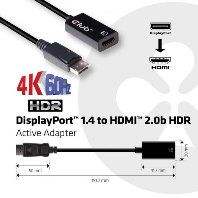 CLUB3D - DisplayPort 1.4 a HDMI 2.0b HDR Adpatador Activo