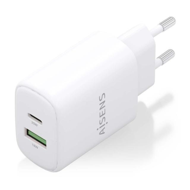 AISENS - Cargador GaN 25W, 1xUSB-C PD3.0, 1xUSB-A QC3.0, Blanco