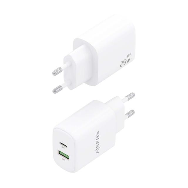 AISENS - Cargador GaN 25W, 1xUSB-C PD3.0, 1xUSB-A QC3.0, Blanco