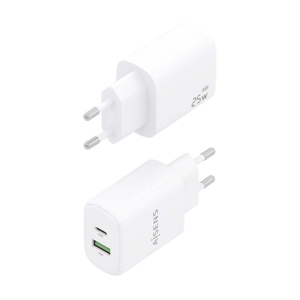 AISENS - Cargador GaN 25W, 1xUSB-C PD3.0, 1xUSB-A QC3.0, Blanco