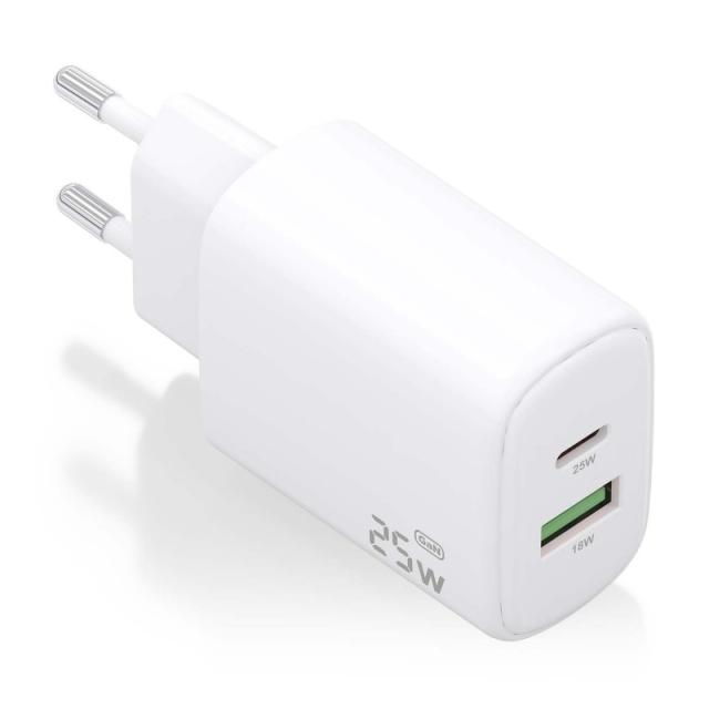 AISENS - Cargador GaN 25W, 1xUSB-C PD3.0, 1xUSB-A QC3.0, Blanco