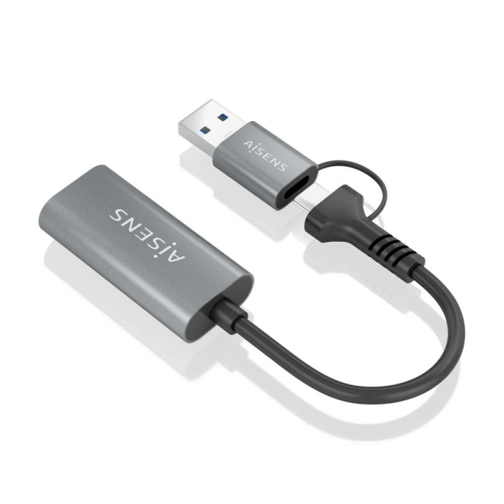 AISENS - Conversor Aluminio USB-A+USB-C A HDMI 1080P@60Hz, USB-A/M+USB-C/M-HDMI/H, Gris, 15cm