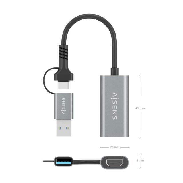 AISENS - Conversor Aluminio USB-A+USB-C A HDMI 1080P@60Hz, USB-A/M+USB-C/M-HDMI/H, Gris, 15cm
