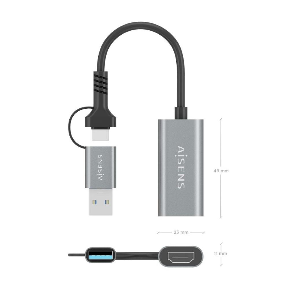 AISENS - Conversor Aluminio USB-A+USB-C A HDMI 1080P@60Hz, USB-A/M+USB-C/M-HDMI/H, Gris, 15cm