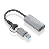 AISENS - Conversor Aluminio USB-A+USB-C A HDMI 1080P@60Hz, USB-A/M+USB-C/M-HDMI/H, Gris, 15cm