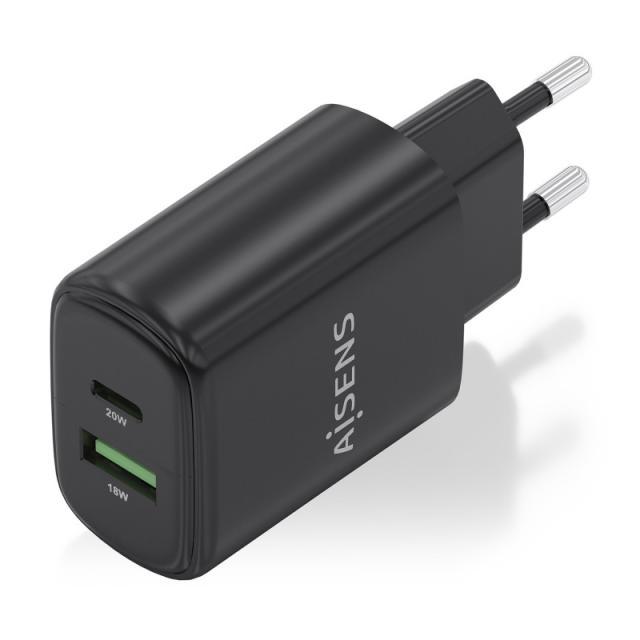 AISENS - Cargador GaN 20W, 1xUSB-C PD3.0, 1xUSB-A QC3.0, Negro