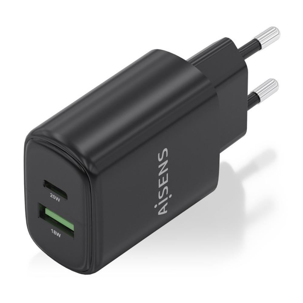 AISENS - Cargador GaN 20W, 1xUSB-C PD3.0, 1xUSB-A QC3.0, Negro
