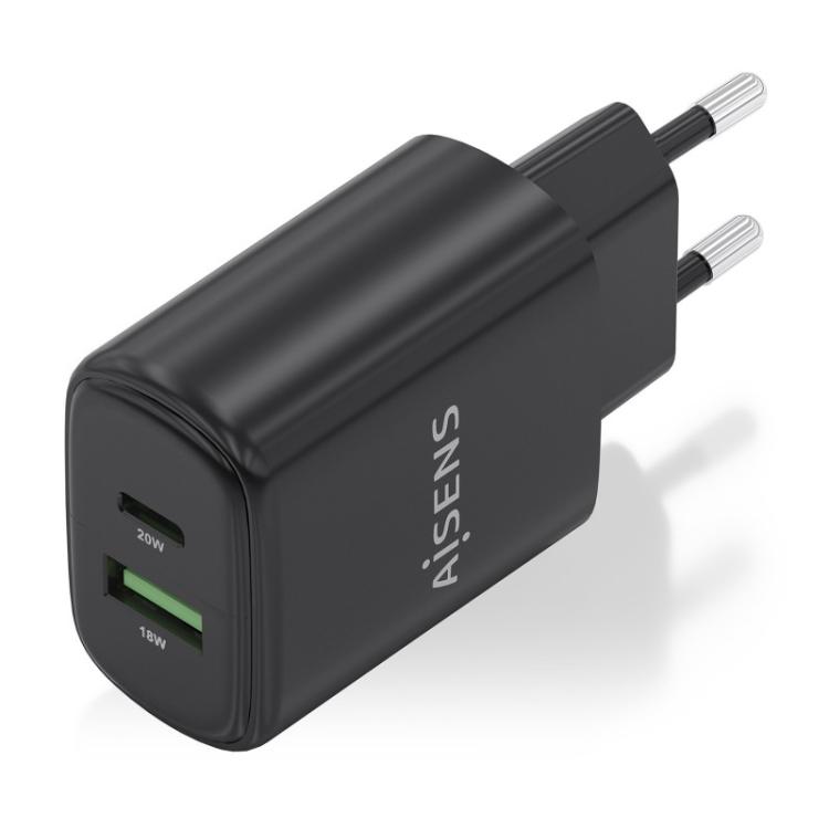 AISENS - Cargador GaN 20W, 1xUSB-C PD3.0, 1xUSB-A QC3.0, Negro