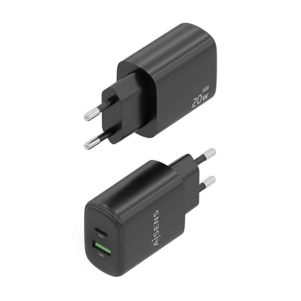 AISENS - Cargador GaN 20W, 1xUSB-C PD3.0, 1xUSB-A QC3.0, Negro