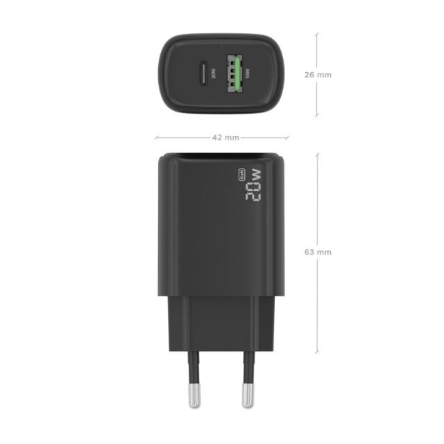 AISENS - Cargador GaN 20W, 1xUSB-C PD3.0, 1xUSB-A QC3.0, Negro