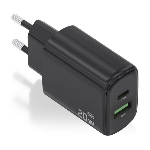 AISENS - Cargador GaN 20W, 1xUSB-C PD3.0, 1xUSB-A QC3.0, Negro