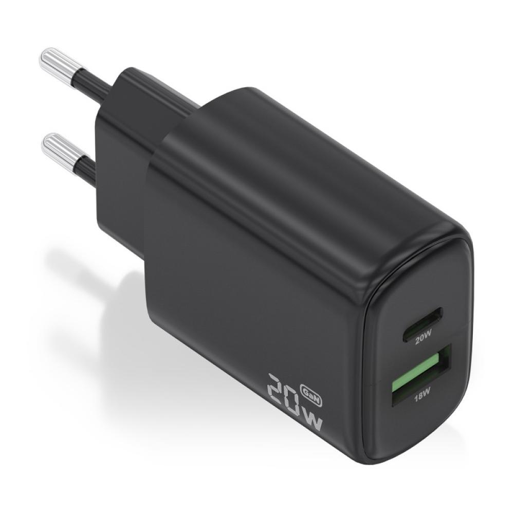 AISENS - Cargador GaN 20W, 1xUSB-C PD3.0, 1xUSB-A QC3.0, Negro