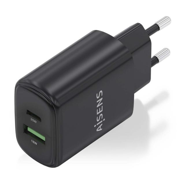 AISENS - Cargador GaN 25W, 1xUSB-C PD3.0, 1xUSB-A QC3.0, Negro