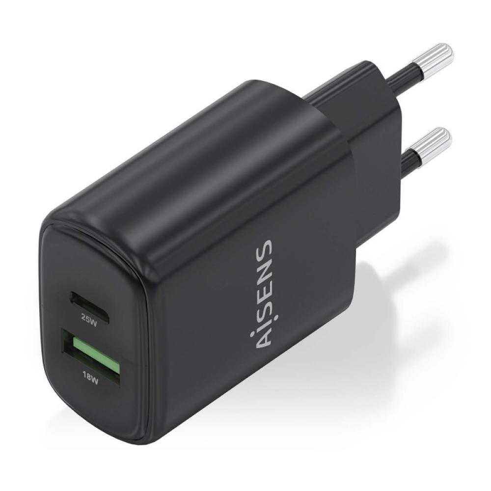 AISENS - Cargador GaN 25W, 1xUSB-C PD3.0, 1xUSB-A QC3.0, Negro
