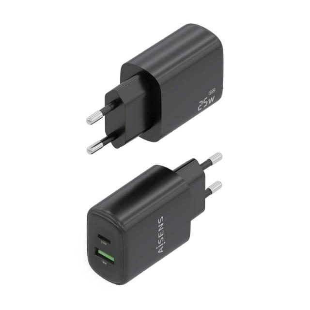 AISENS - Cargador GaN 25W, 1xUSB-C PD3.0, 1xUSB-A QC3.0, Negro
