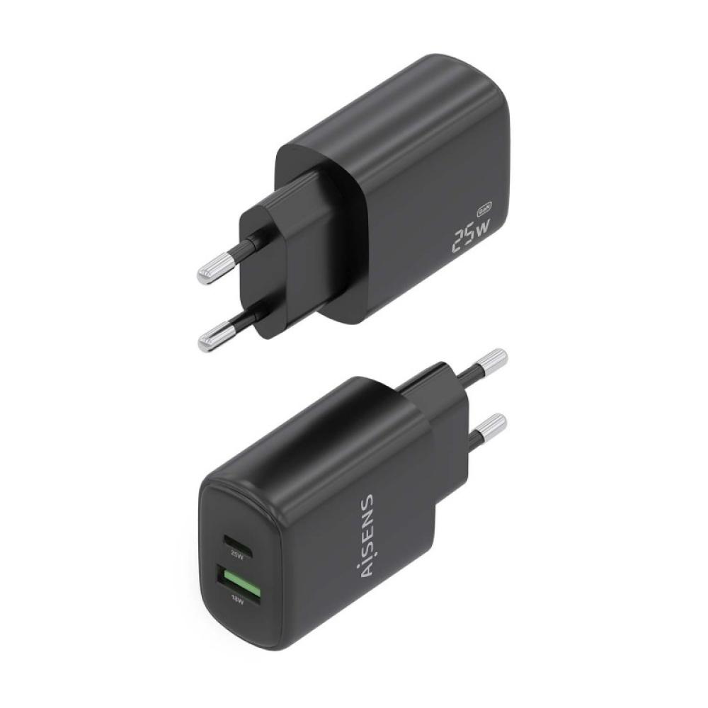 AISENS - Cargador GaN 25W, 1xUSB-C PD3.0, 1xUSB-A QC3.0, Negro