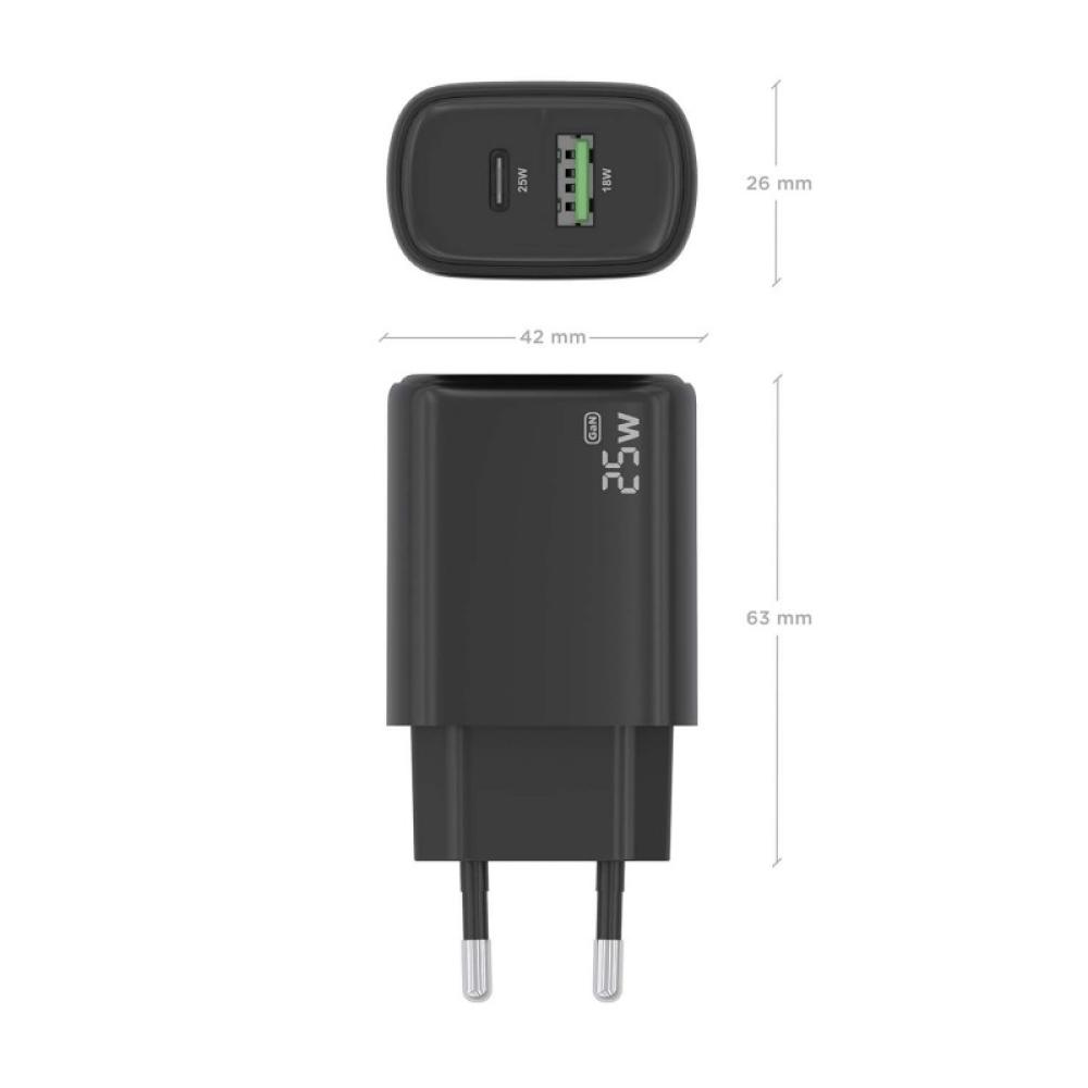 AISENS - Cargador GaN 25W, 1xUSB-C PD3.0, 1xUSB-A QC3.0, Negro