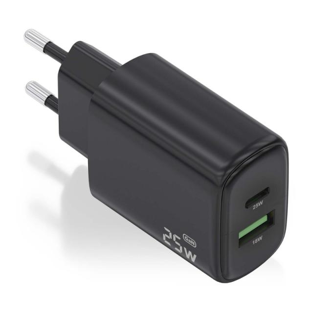 AISENS - Cargador GaN 25W, 1xUSB-C PD3.0, 1xUSB-A QC3.0, Negro