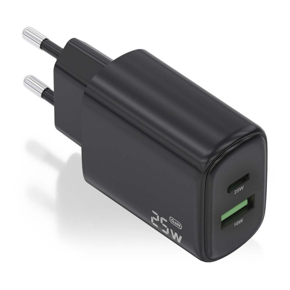 AISENS - Cargador GaN 25W, 1xUSB-C PD3.0, 1xUSB-A QC3.0, Negro