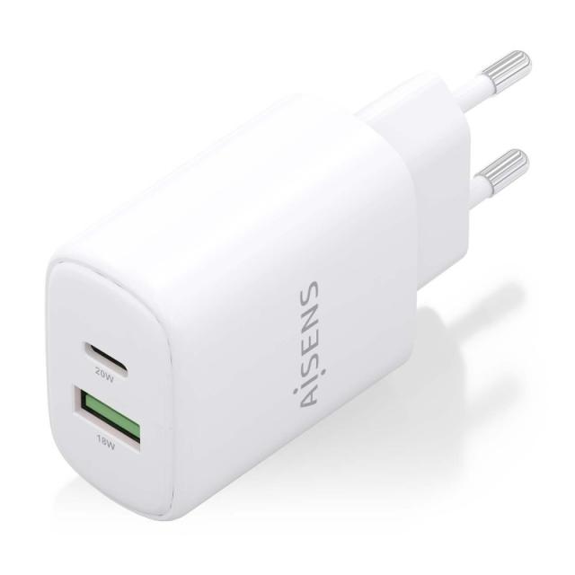 AISENS - Cargador GaN 20W, 1xUSB-C PD3.0, 1xUSB-A QC3.0, Blanco