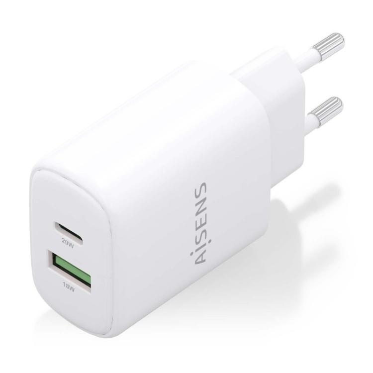 AISENS - Cargador GaN 20W, 1xUSB-C PD3.0, 1xUSB-A QC3.0, Blanco