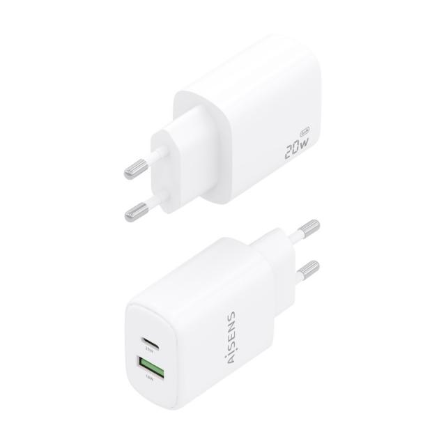 AISENS - Cargador GaN 20W, 1xUSB-C PD3.0, 1xUSB-A QC3.0, Blanco